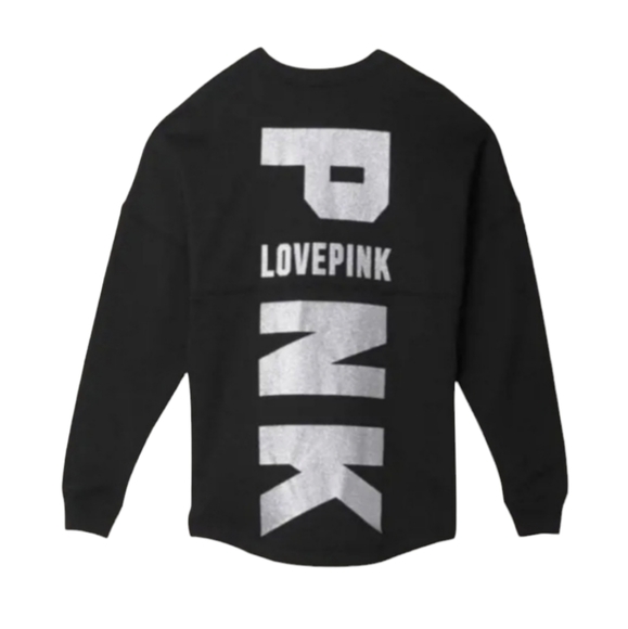 PINK Victoria's Secret Sweaters - Victoria's Secret Pink Oversize Varsity Crew Glitter Pullover Sweatshirt Black